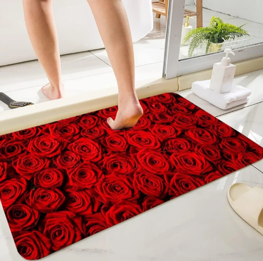 Red Roses Rug Bathroom Bedroom Kitchen Doormat Ruby Rose Flowers Floral Bath Mat